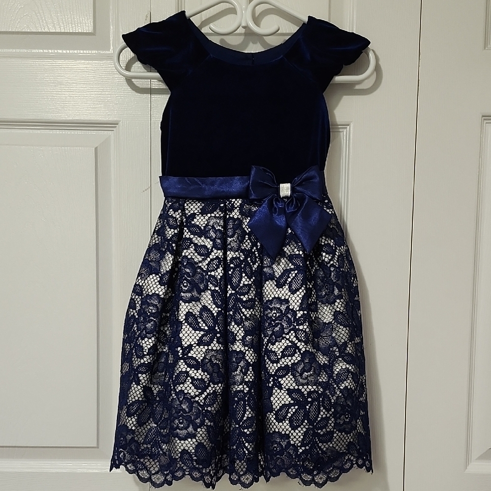 Jona Michelle Navy Velvet and Lace Kids Dress